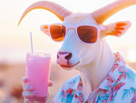 Stylish goat enjoying pink cocktail on sunny beachの素材