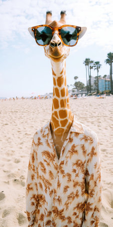 Giraffe wearing sunglasses and hawaiian shirt on the beachの素材