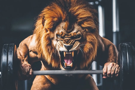 Powerful lion lifting weights and roaring in gymの素材
