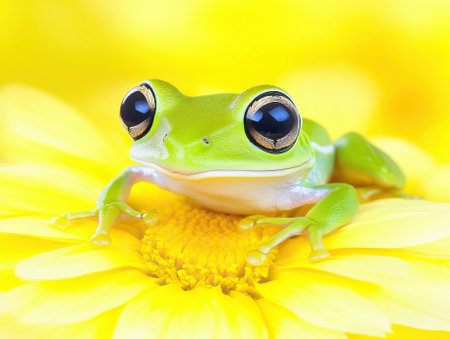 Green frog resting on a vibrant yellow flowerの素材