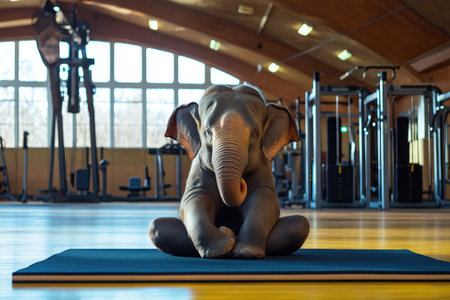 Baby elephant doing yoga on a mat inside a gymの素材