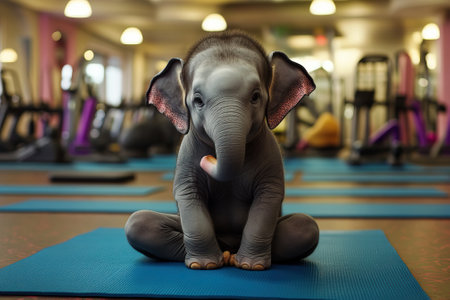 Baby elephant doing yoga exercise on blue mat in gymの素材