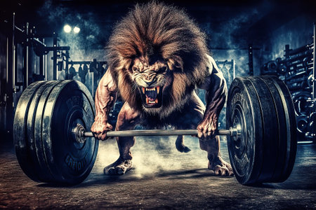 Powerful lion lifting weights in gym demonstrating strength and determinationの素材