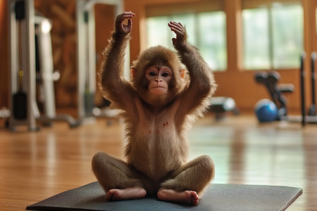 Baby monkey practicing yoga in the gymの素材