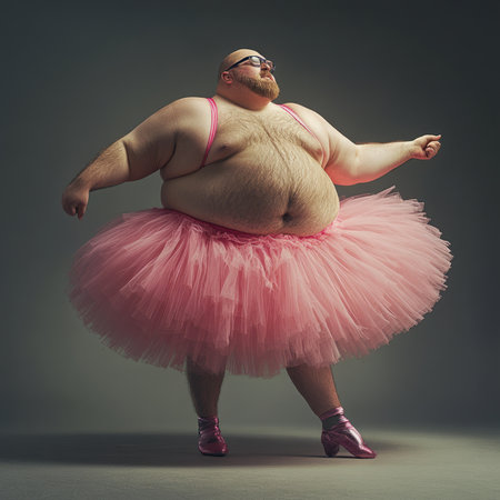 Funny overweight man dancing ballet in pink tutuの素材