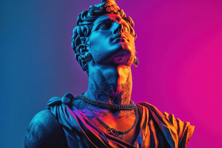 Classical greek statue bust wearing modern jewelry and tattoos with vivid colorsの素材