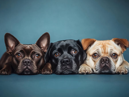 Three dogs lying down and looking forward on blue backgroundの素材