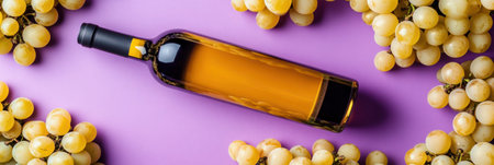Bottle of white wine lying on purple background decorated with white grapesの素材