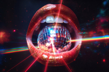 Shiny red lips holding disco ball with laser beams and glitterの素材