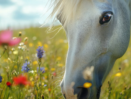 White horse grazing in a colorful flower meadow close upの素材