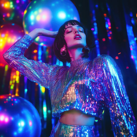 Young stylish woman dancing at disco party with bright colorful lightsの素材