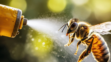 Spraying insecticide on flying bee threatening wildlife and pollinatorsの素材