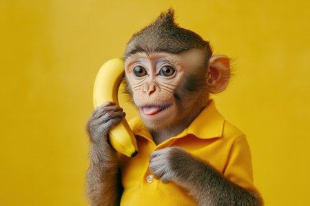 Monkey wearing yellow shirt talking on banana phone on yellow backgroundの素材