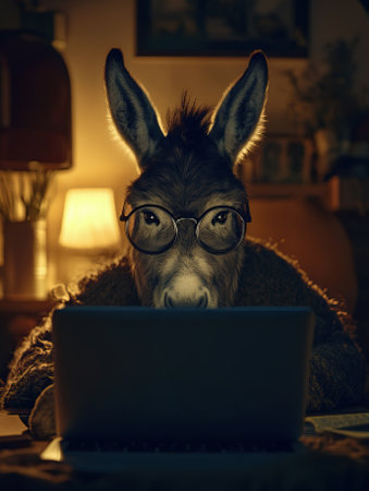 Donkey working late at night on laptop wearing round glasses and warm cardiganの素材