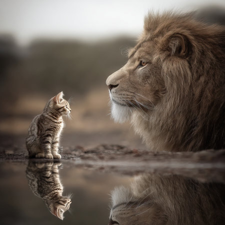 Small cat reflecting himself as a big lion in the waterの素材