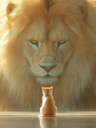 Small kitten sitting back to back with giant lionの素材
