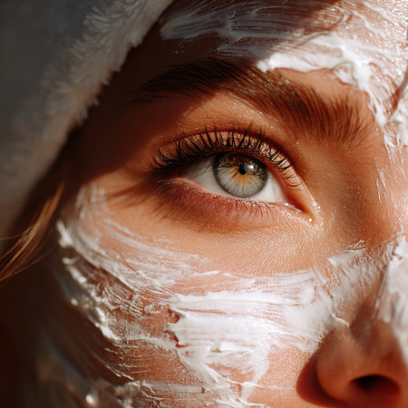 Woman applying moisturizing cream on face for beautiful skinの素材