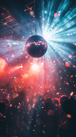 Disco ball reflecting light beams on partying crowd in nightclubの素材