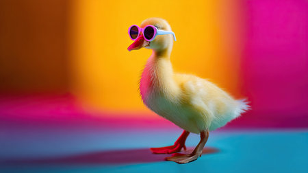 Cute duckling wearing sunglasses posing on colorful backgroundの素材