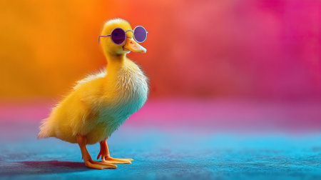 Cute duckling wearing sunglasses on colorful backgroundの素材