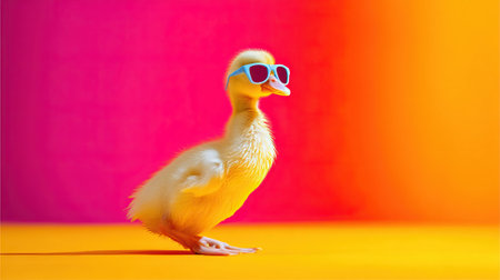 Cute duckling wearing sunglasses on colorful backgroundの素材