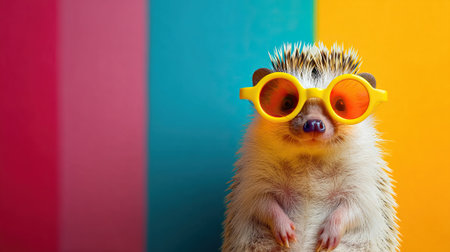 Hedgehog wearing yellow sunglasses posing on colorful backgroundの素材