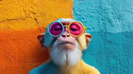 Monkey wearing sunglasses posing in front of colorful backgroundの素材