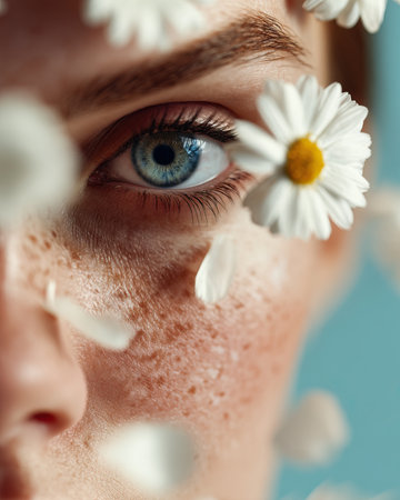 Woman with freckles and daisies showing stunning blue eye in close up beauty portraitの素材
