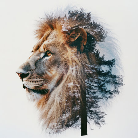 Majestic lion merging with serene forest in double exposure portraitの素材