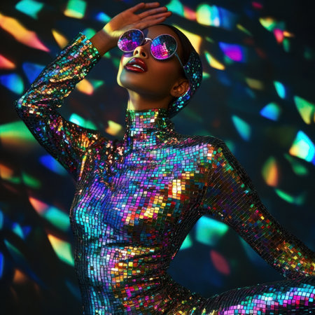 Fashion model wearing reflective dress and sunglasses posing under colorful lightsの素材