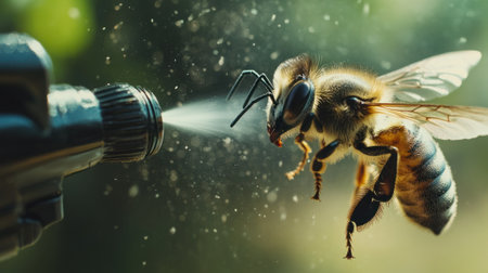 Spraying insecticide on flying bee threatening pollination and biodiversityの素材