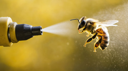Spraying insecticide on flying bee, environmental problemの素材