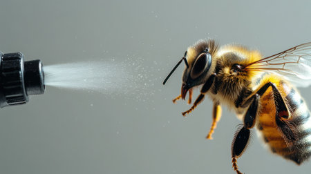 Spraying insecticide on flying bee, environmental problemの素材