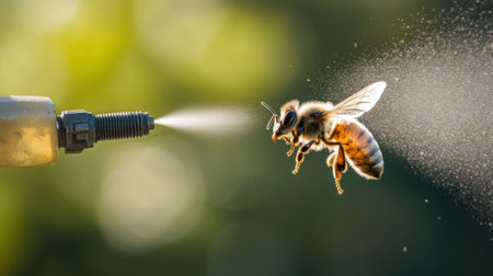 Honey bee flying through pesticide spray in mid airの素材