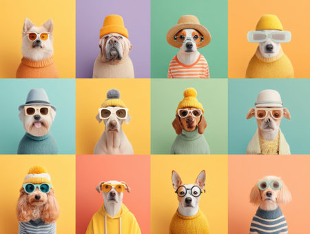 Twelve stylish dogs wearing clothes and sunglasses on colorful backgroundsの素材