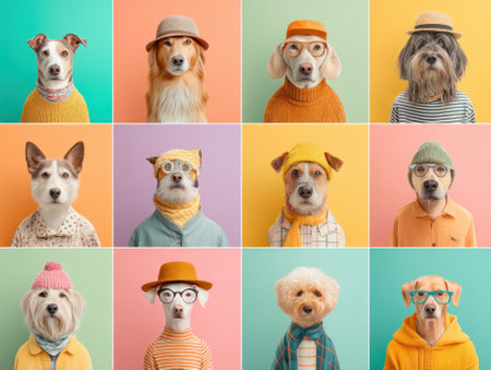 Adorable dogs posing in colorful backgrounds wearing trendy clothesの素材