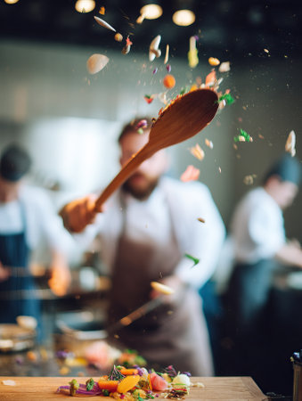Chef tossing colorful chopped vegetables with wooden spoon in restaurant kitchenの素材