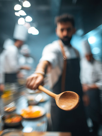 Chef holding wooden spoon in restaurant kitchenの素材