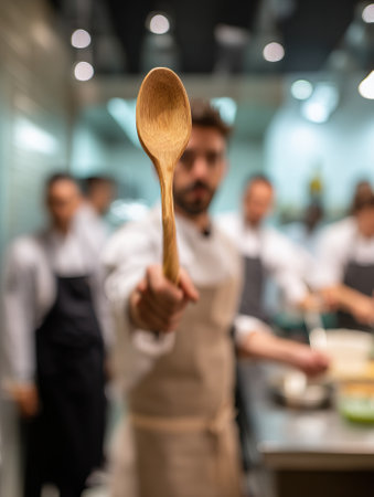 Chef showing wooden spoon in restaurant kitchenの素材