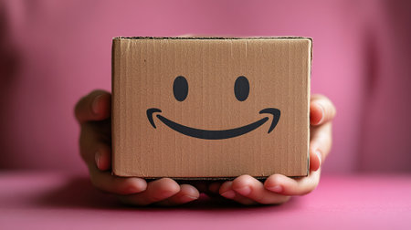 Hands holding a small cardboard box with a drawn smiley face on pink backgroundの素材