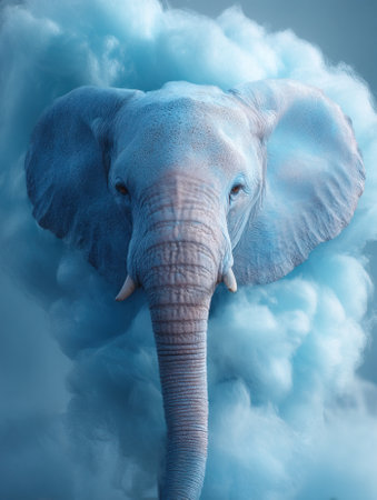 Majestic blue elephant emerging from cotton candy cloudの素材