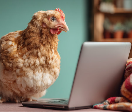 Curious hen using laptop, exploring online world of poultry farmingの素材