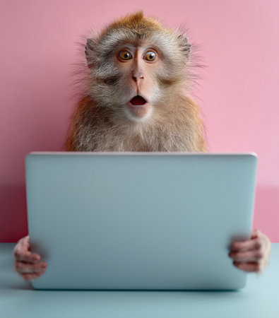 Surprised monkey working on laptop on pink and turquoise backgroundの素材