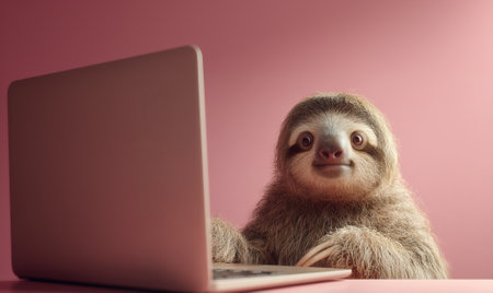 Sloth working on laptop on pink background, funny and cute animal using computerの素材