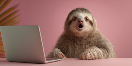 Surprised sloth working on laptop in pink officeの素材