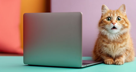 Ginger cat showing surprise while looking at laptop screen on colorful backgroundの素材