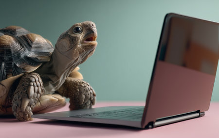 Curious turtle exploring technology, reptile using laptop on pink deskの素材