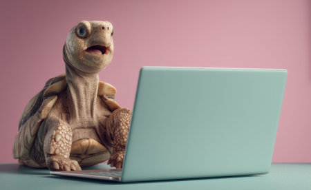 Turtle using laptop computer on pink background, modern technology conceptの素材