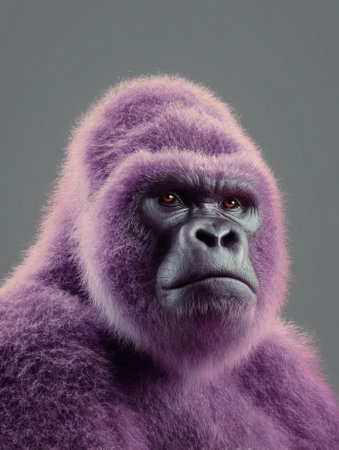 Photorealistic purple gorilla emerging from gray backgroundの素材