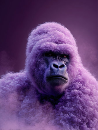 Majestic purple gorilla emerging from the mistの素材